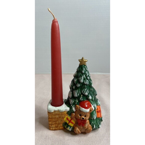 Ceramic Christmas Tree With Bear Taper With Candle Holder - Picture 1 of 9